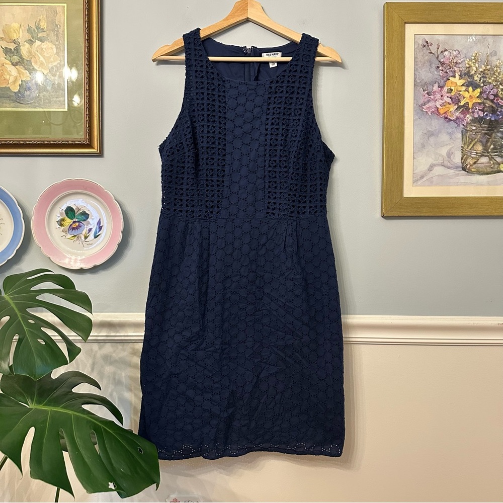 Old Navy Blue Eyelet Sheath Dress 12 Preppy Classic Wedding Guest Nautical Lace